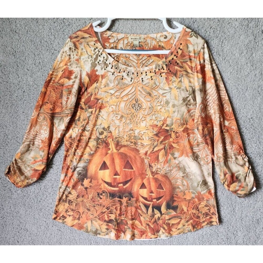 One World 3/4 Sleeve Embellished Neck Top Jack O Lantern Pumpkin Halloween Sz L